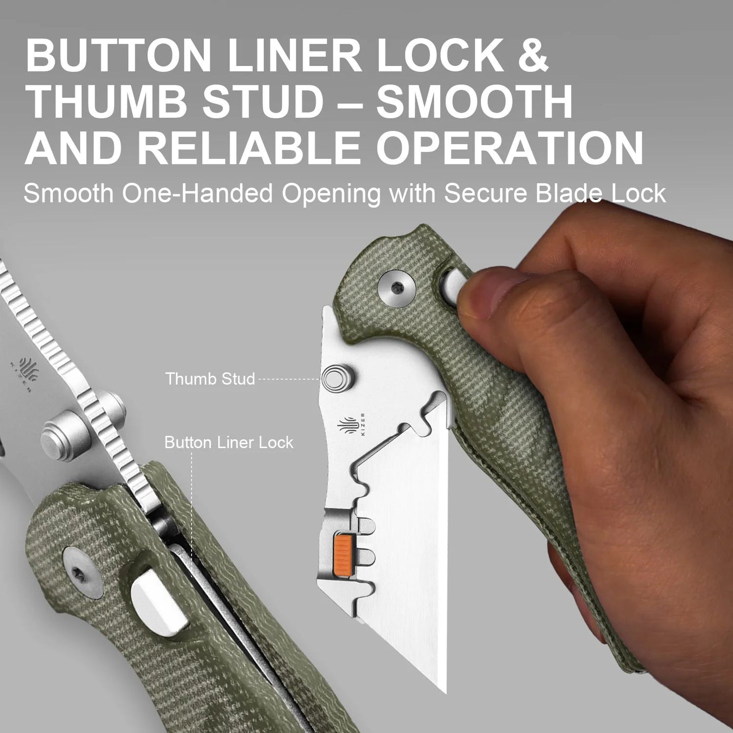 Kizer Sheepdog Utility 2.8" CO1C UTI 2 Green Micarta Button-Lock Replaceable-Blade Folding Knife V3488.29JNA1