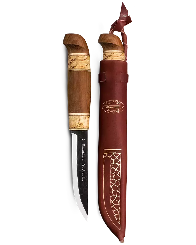 Marttiini Kierinki 4.33" Hand-Forged Carbon Curly Birch Puukko Knife with Leather Sheath