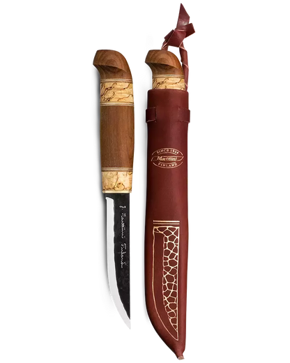Marttiini Kierinki 4.33" Hand-Forged Carbon Curly Birch Puukko Knife with Leather Sheath