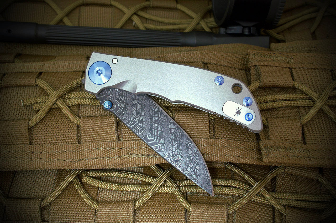 Spartan Blades SHF 3.25 Spartan Harsey Folder 3.25" Chad Nichols Damascus Titanium Folding Knife Blue Hardware