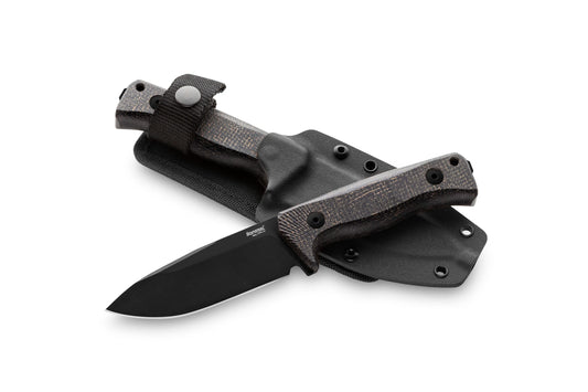 LionSteel T4 4.09" Black PVD CPM 3V Black Burlap Micarta Fixed Blade Knife Kydex Sheath