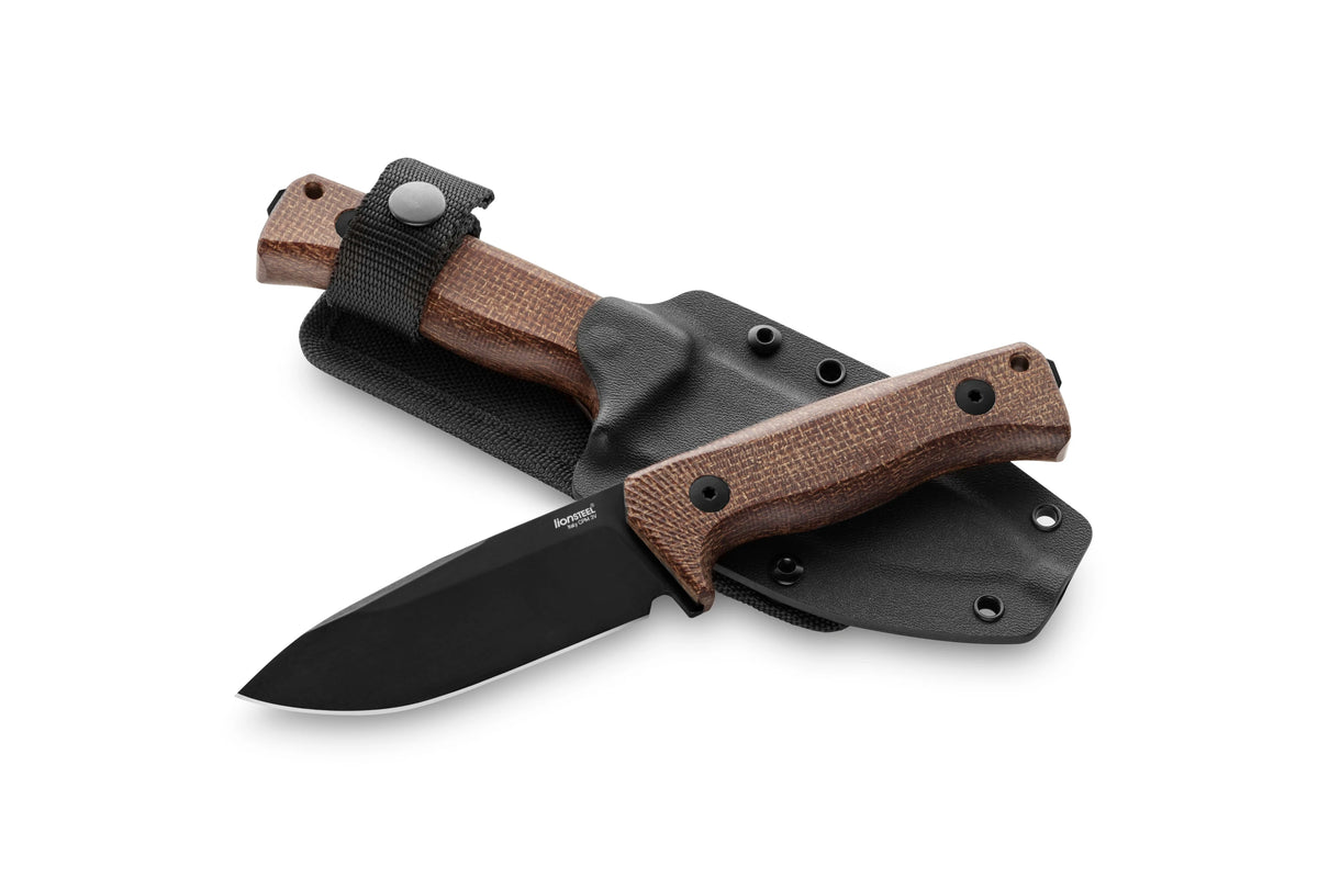 LionSteel T4 4.09" Black PVD CPM 3V Natural Brown Burlap Micarta Fixed Blade Knife Kydex Sheath