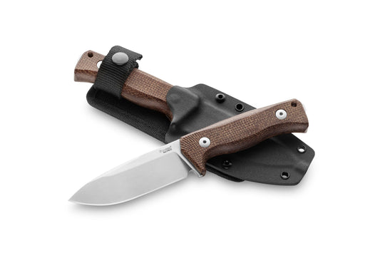 LionSteel T4 4.09" CPM 3V Natural Brown Burlap Micarta Fixed Blade Knife Kydex Sheath