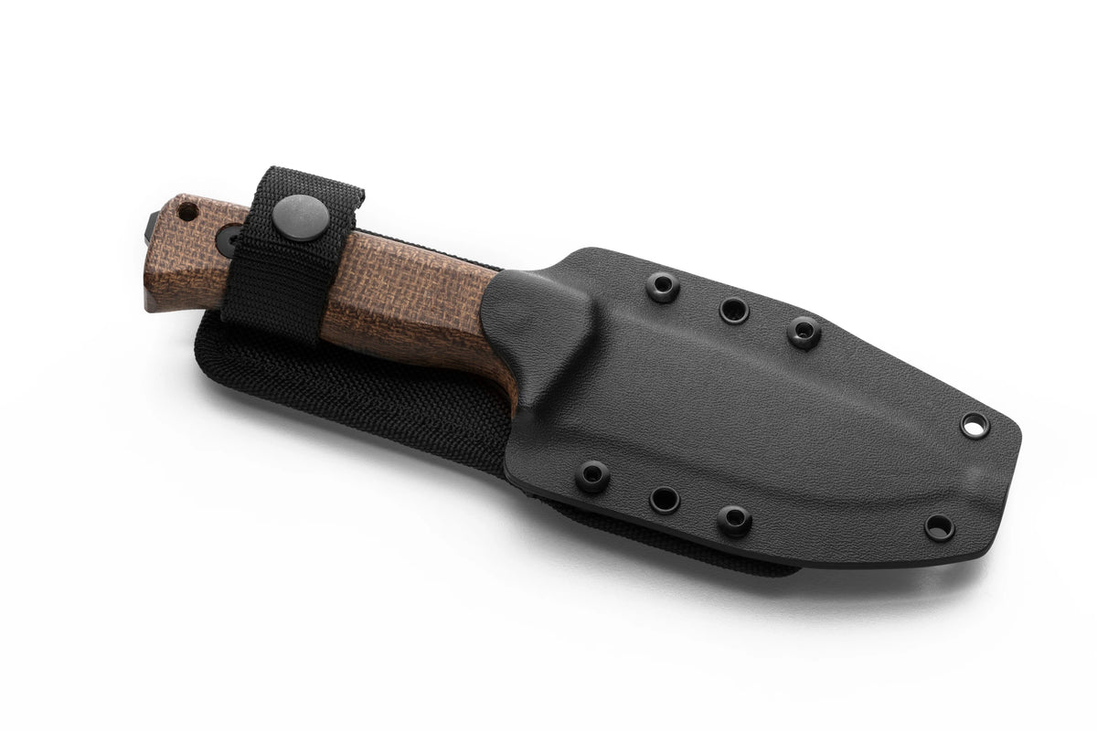 LionSteel T4 4.09" Black PVD CPM 3V Natural Brown Burlap Micarta Fixed Blade Knife Kydex Sheath