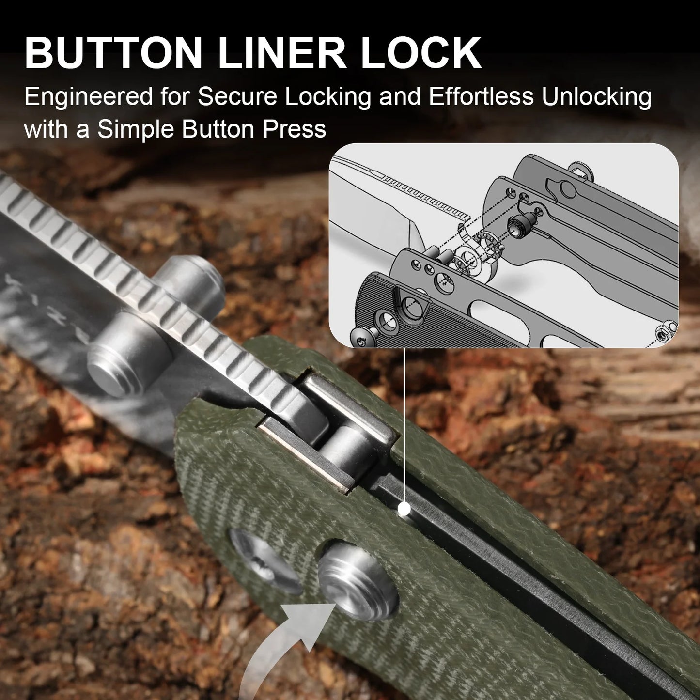 Kizer T1 BD 3.2" Nitro-V Green Micarta Button-Lock Folding Knife by Uli Hennicke V3490.2BA1