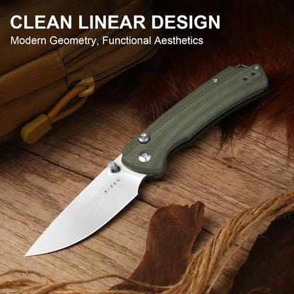 Kizer T1 BD 3.2" Nitro-V Green Micarta Button-Lock Folding Knife by Uli Hennicke V3490.2BA1