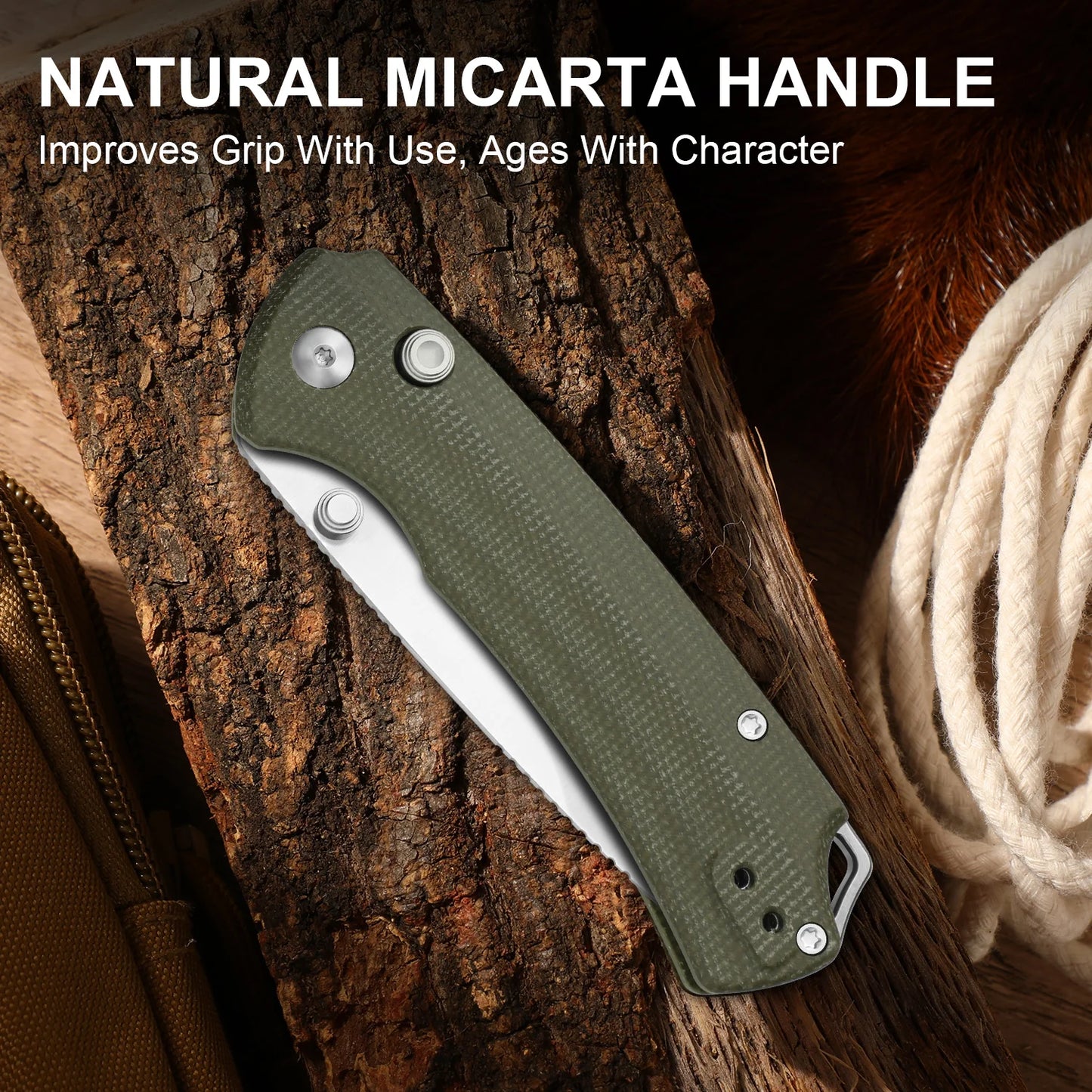 Kizer T1 BD 3.2" Nitro-V Green Micarta Button-Lock Folding Knife by Uli Hennicke V3490.2BA1