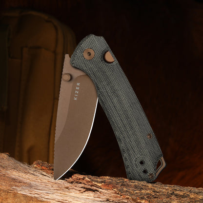 Kizer T1 BD 3.2" Nitro-V Norplex UltreX Micarta Sunset Metal PVD Button-Lock Folding Knife by Uli Hennicke V3490.2BA2