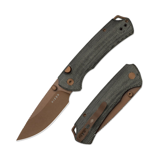 Kizer T1 BD 3.2" Nitro-V Norplex UltreX Micarta Sunset Metal PVD Button-Lock Folding Knife by Uli Hennicke V3490.2BA2