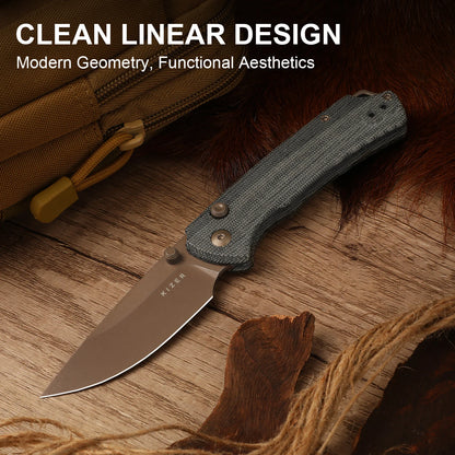 Kizer T1 BD 3.2" Nitro-V Norplex UltreX Micarta Sunset Metal PVD Button-Lock Folding Knife by Uli Hennicke V3490.2BA2
