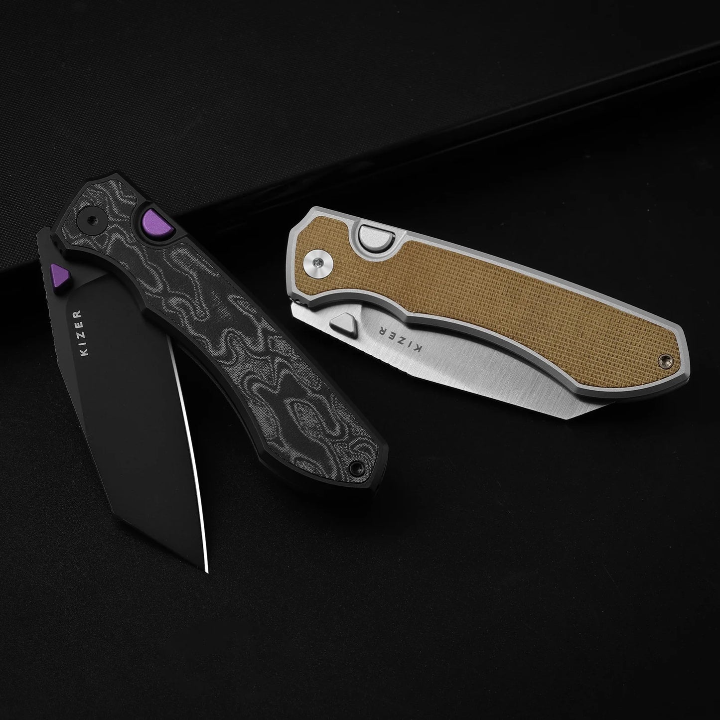 Kizer Wharning 3.4" S45VN Brown Norplex UltreX Micarta Aluminium Button-Lock Folding Knife 3738A1