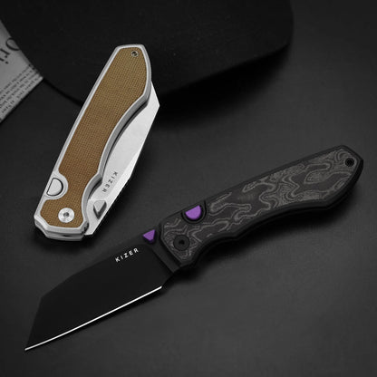 Kizer Wharning 3.4" S45VN Black/Purple Norplex UltreX Micarta Aluminium Button-Lock Folding Knife 3738A2