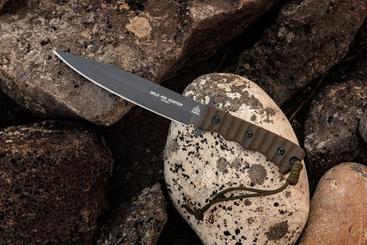 TOPS Wild Pig Hunter 7.5" Sniper Gray Green Canvas Micarta Fixed Blade Knife with Leather Sheath