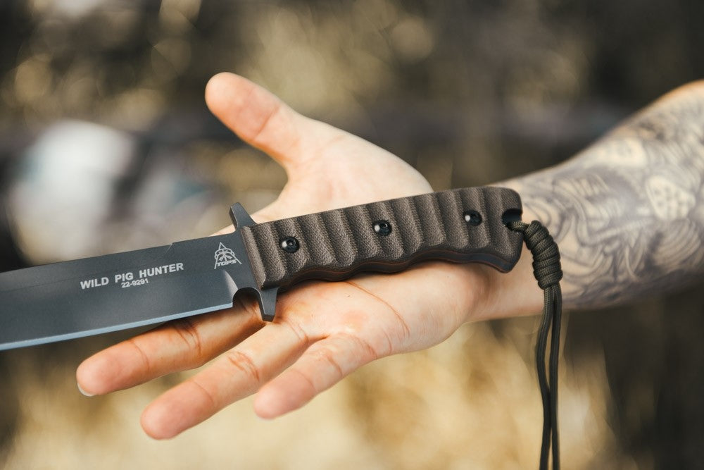 TOPS Wild Pig Hunter 7.5" Sniper Gray Green Canvas Micarta Fixed Blade Knife with Leather Sheath