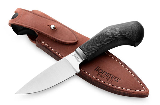 LionSteel Willy 2.56" M390 Carbon Fiber Fixed Blade Knife with Leather Sheath WL1 CF