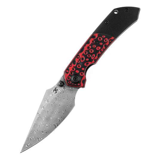 Kansept Fenrir 3.5" Damascus Black/Red G10 Titanium Folding Knife by Greg Schob K1034A2