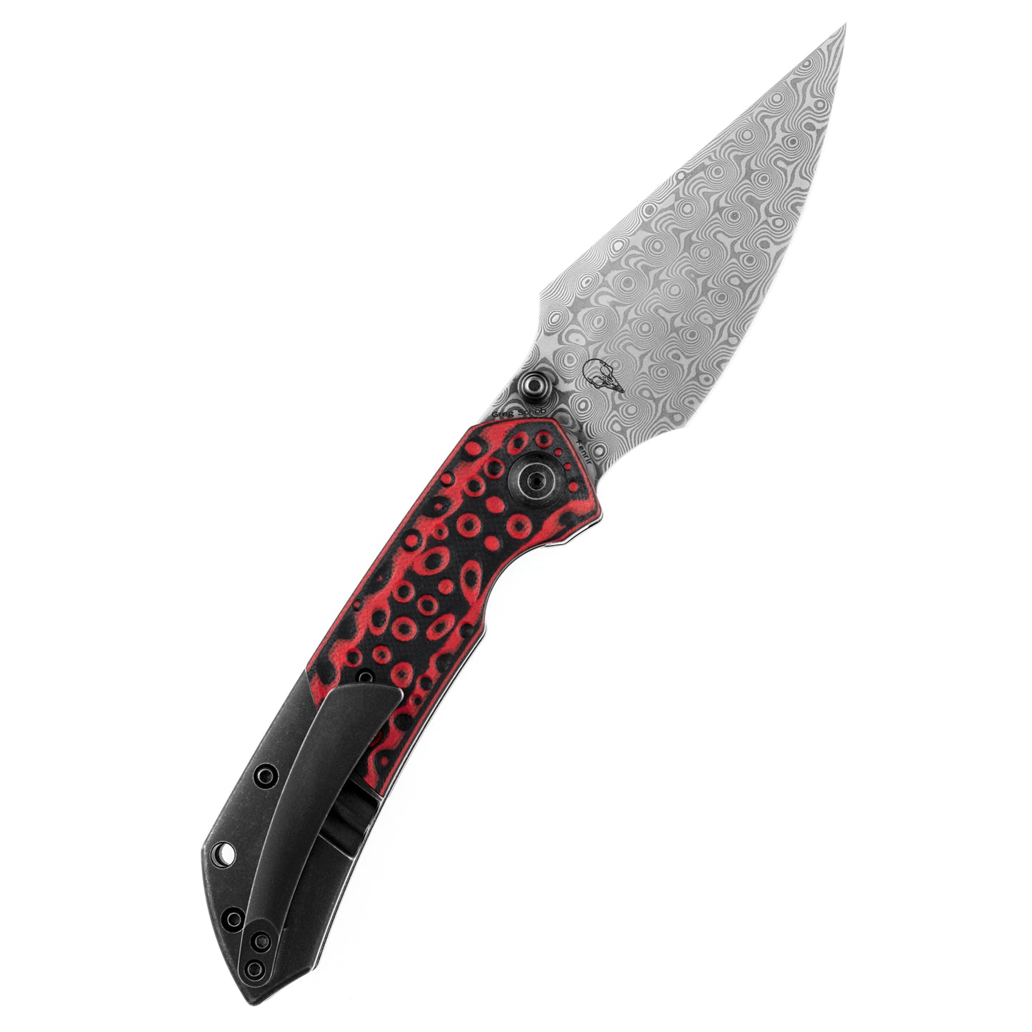 Kansept Fenrir 3.5" Damascus Black/Red G10 Titanium Folding Knife by Greg Schob K1034A2