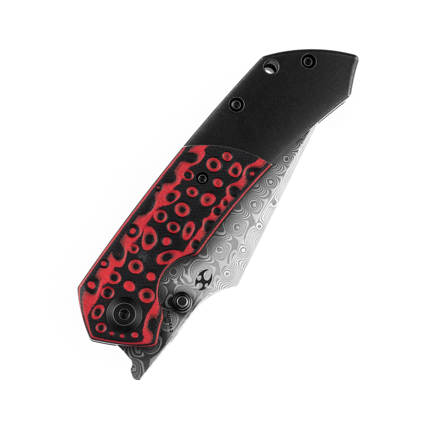 Kansept Fenrir 3.5" Damascus Black/Red G10 Titanium Folding Knife by Greg Schob K1034A2