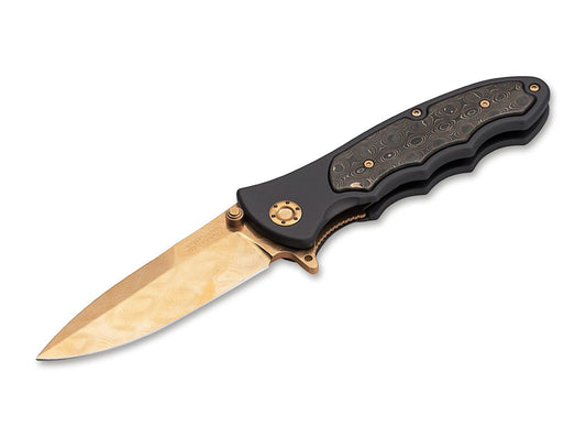 Boker Solingen Leopard III Collection 3.82" Gold Damascus Flipper Folding Knife 110227DAM