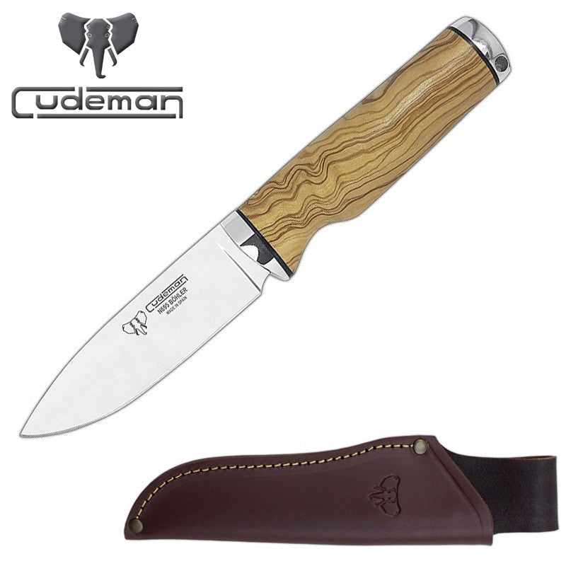 Cudeman 138-LP N695 Olive Wood Fixed Blade Knife with Leather Sheath