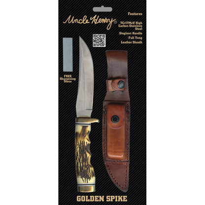 Schrade Uncle Henry Golden Spike 5" Fixed Blade Knife with Leather Sheath and Sharpening Stone 153UH