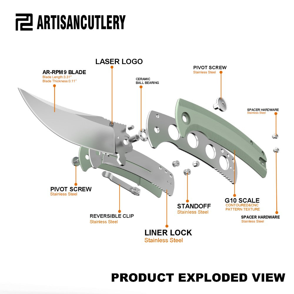 Artisan Cutlery Arroyo 3.31" AR-RPM9 Jade G10 Folding Knife - Dirk Pinkerton Design