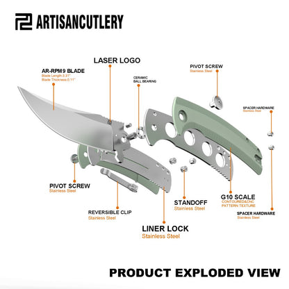 Artisan Cutlery Arroyo 3.31" AR-RPM9 Jade G10 Folding Knife - Dirk Pinkerton Design