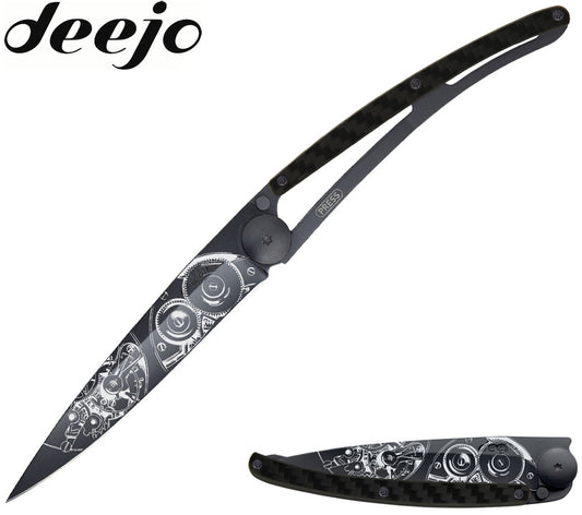 Deejo 37g 3.75" Watch Movement Tattoo Carbon Fiber Folding Knife 1GC010