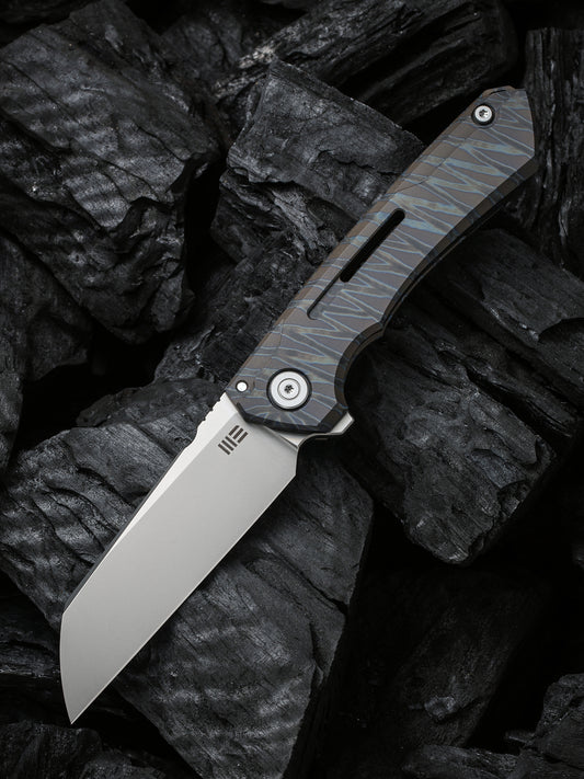 WE Snecx Mini Buster 3.43" CPM 20CV Tiger Stripe Flamed Titanium Folding Knife 2003C