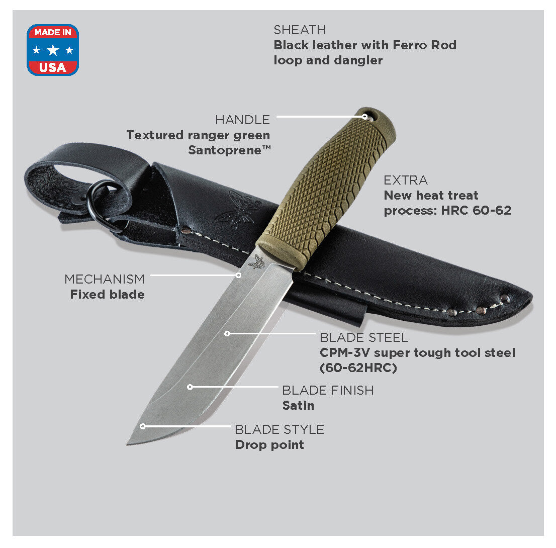 Benchmade 202 Leuku 5.19" CPM-3V Fixed Blade Knife with Santoprene Handle and Leather Sheath