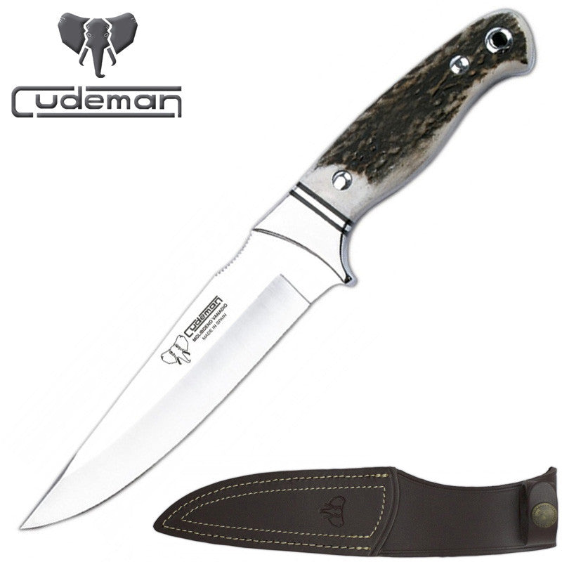 Cudeman 248-C Stag Handle Fixed Blade Knife with Leather Sheath