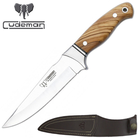 Cudeman 248-L Olive Wood Fixed Blade Knife with Leather Sheath