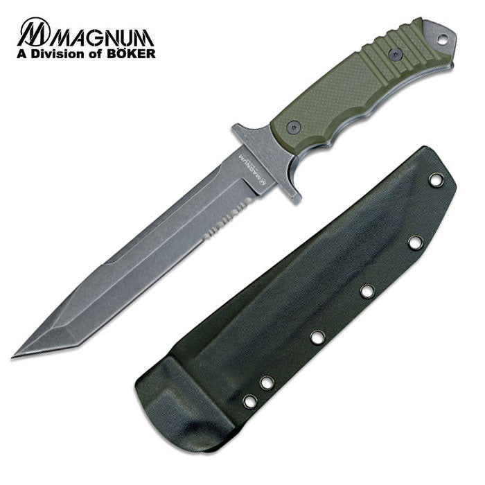 Boker Magnum Merc 7.1" Stonewash OD Green G-10 Fixed Blade Knife with Tek-Lok Kydex Sheath 02SC257