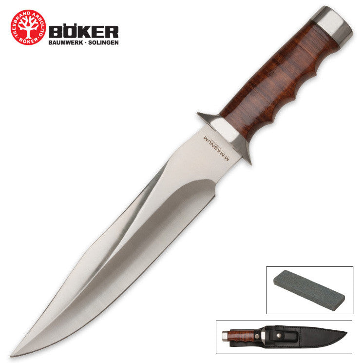 Boker Magnum Giant Bowie 8.125" Fixed Blade Knife with Leather Sheath and Sharpening Stone 02MB565