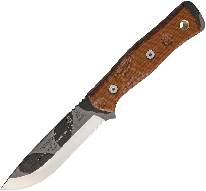 TOPS Knives Fieldcraft Knife by Brothers of Bushcraft - Camo with Tan Canvas Micarta Handle