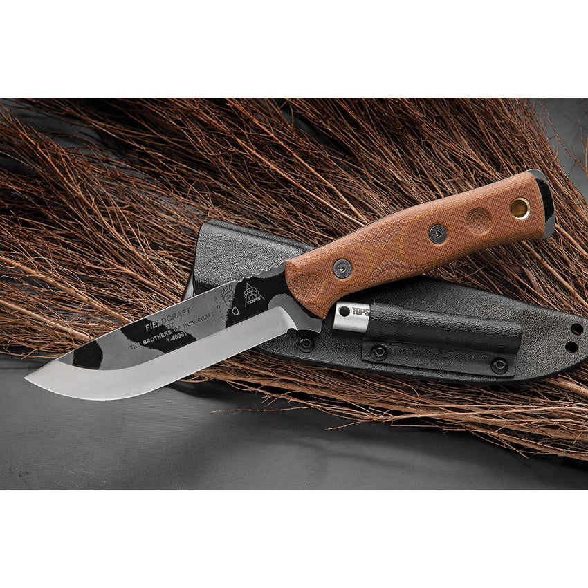 TOPS Knives Fieldcraft Knife by Brothers of Bushcraft - Camo with Tan Canvas Micarta Handle