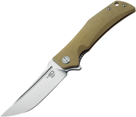 Bestech Scimitar 3.75" D2 Tan G10 Folding Knife with Two-Tone Satin/Stonewashed Blade BG05C-1