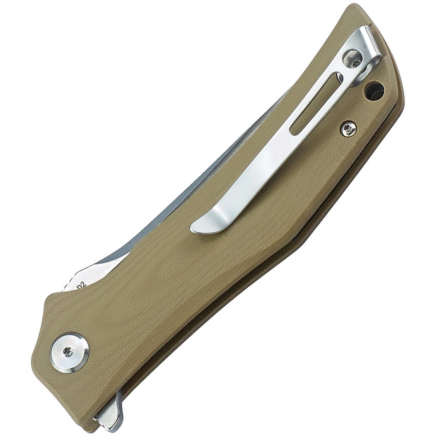 Bestech Scimitar 3.75" D2 Tan G10 Folding Knife with Two-Tone Satin/Stonewashed Blade BG05C-1