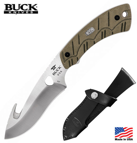 Buck 537 Open Season Guthook 4.5" S35VN Fixed Blade Knife with OD Green Micarta Handle