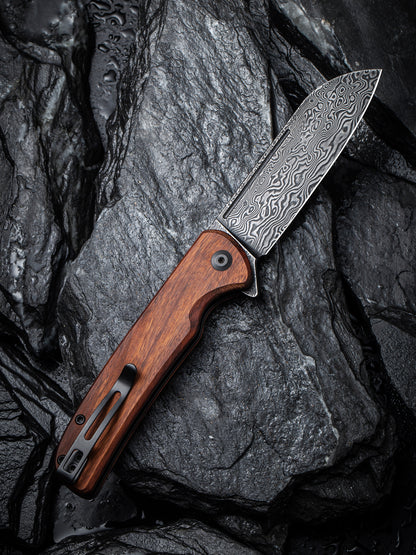 Civivi Chevalier 3.46" Black Damascus Cuibourtia Wood Button Lock Folding Knife C20022-DS1