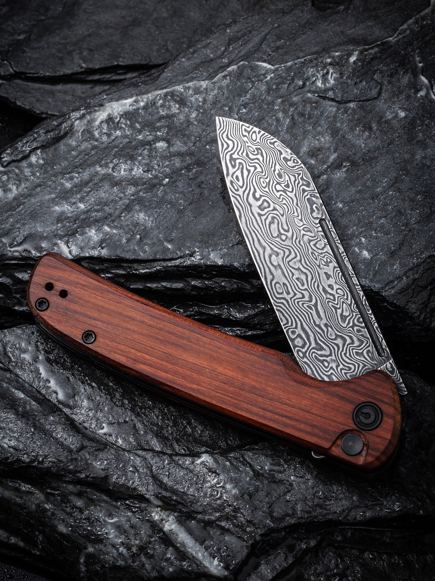 Civivi Chevalier 3.46" Black Damascus Cuibourtia Wood Button Lock Folding Knife C20022-DS1