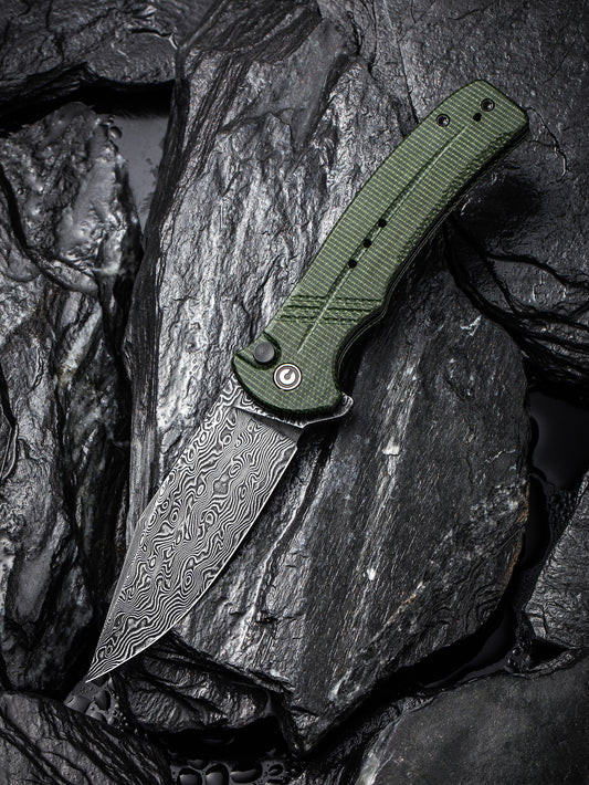 Civivi Cogent 3.47" Black Damascus Green Canvas Micarta Folding Knife C20038D-DS1