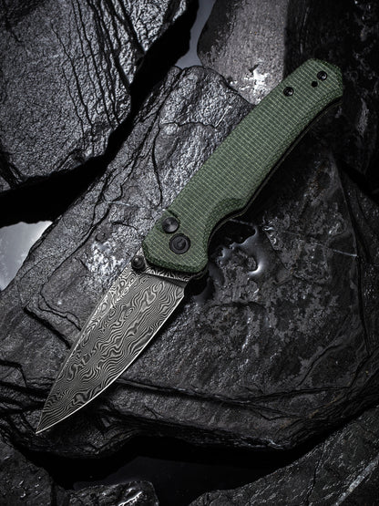 Civivi Altus 2.97" Black Damascus Green Micarta Button Lock Folding Knife C20076-DS1