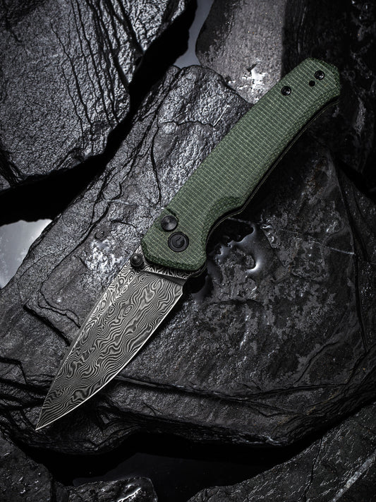 Civivi Altus 2.97" Black Damascus Green Micarta Button Lock Folding Knife C20076-DS1