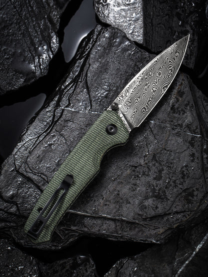 Civivi Altus 2.97" Black Damascus Green Micarta Button Lock Folding Knife C20076-DS1