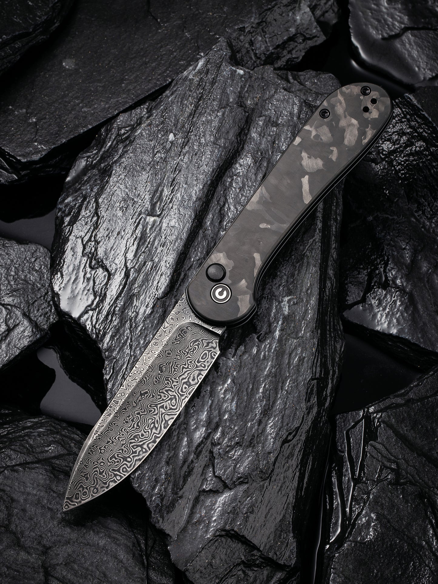 Civivi Elementum Button Lock 3.47" Black Damascus Marbled Carbon Fiber Folding Knife C2103DS-3
