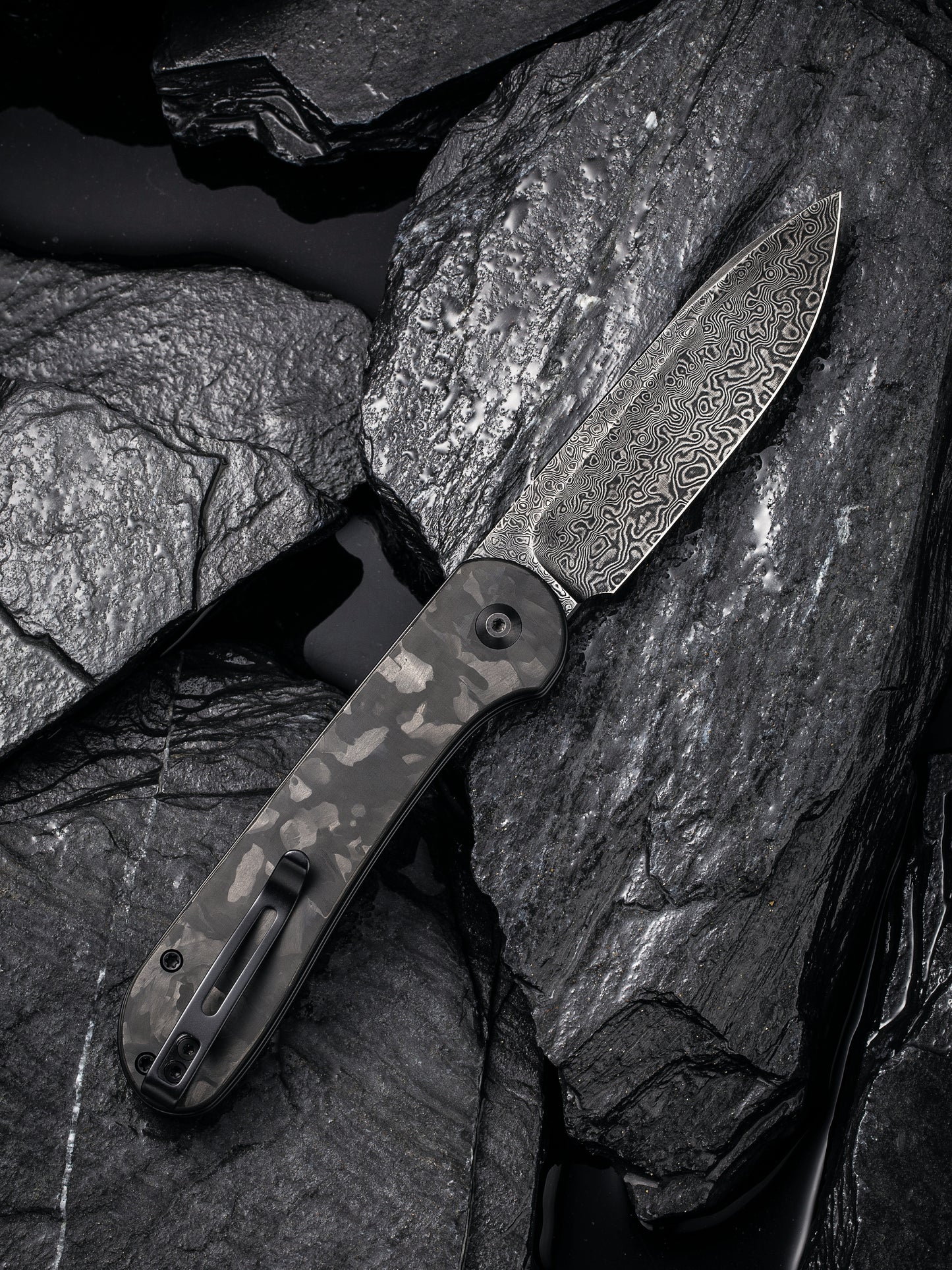 Civivi Elementum Button Lock 3.47" Black Damascus Marbled Carbon Fiber Folding Knife C2103DS-3