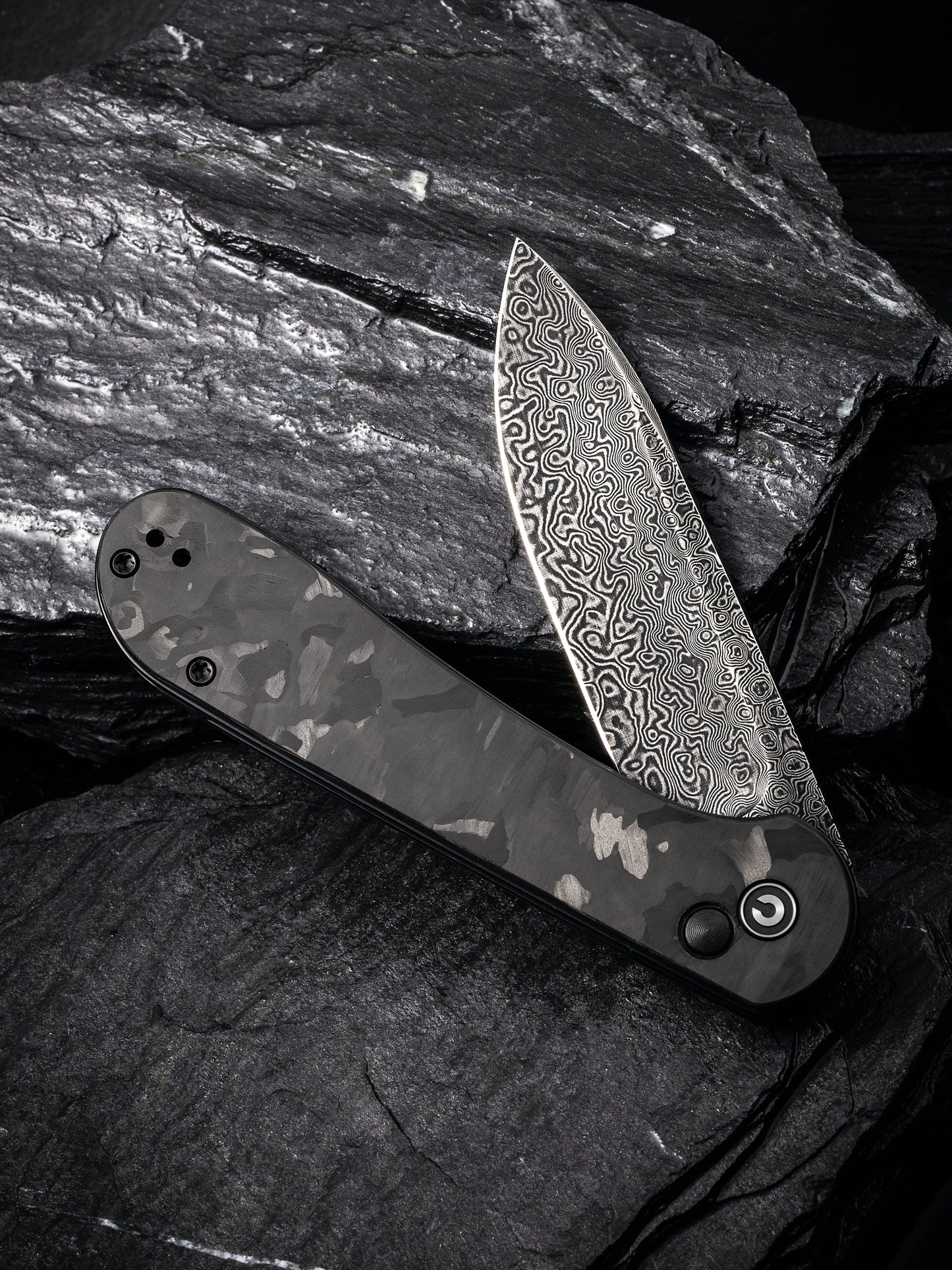 Civivi Elementum Button Lock 3.47" Black Damascus Marbled Carbon Fiber Folding Knife C2103DS-3
