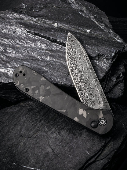 Civivi Elementum Button Lock 3.47" Black Damascus Marbled Carbon Fiber Folding Knife C2103DS-3