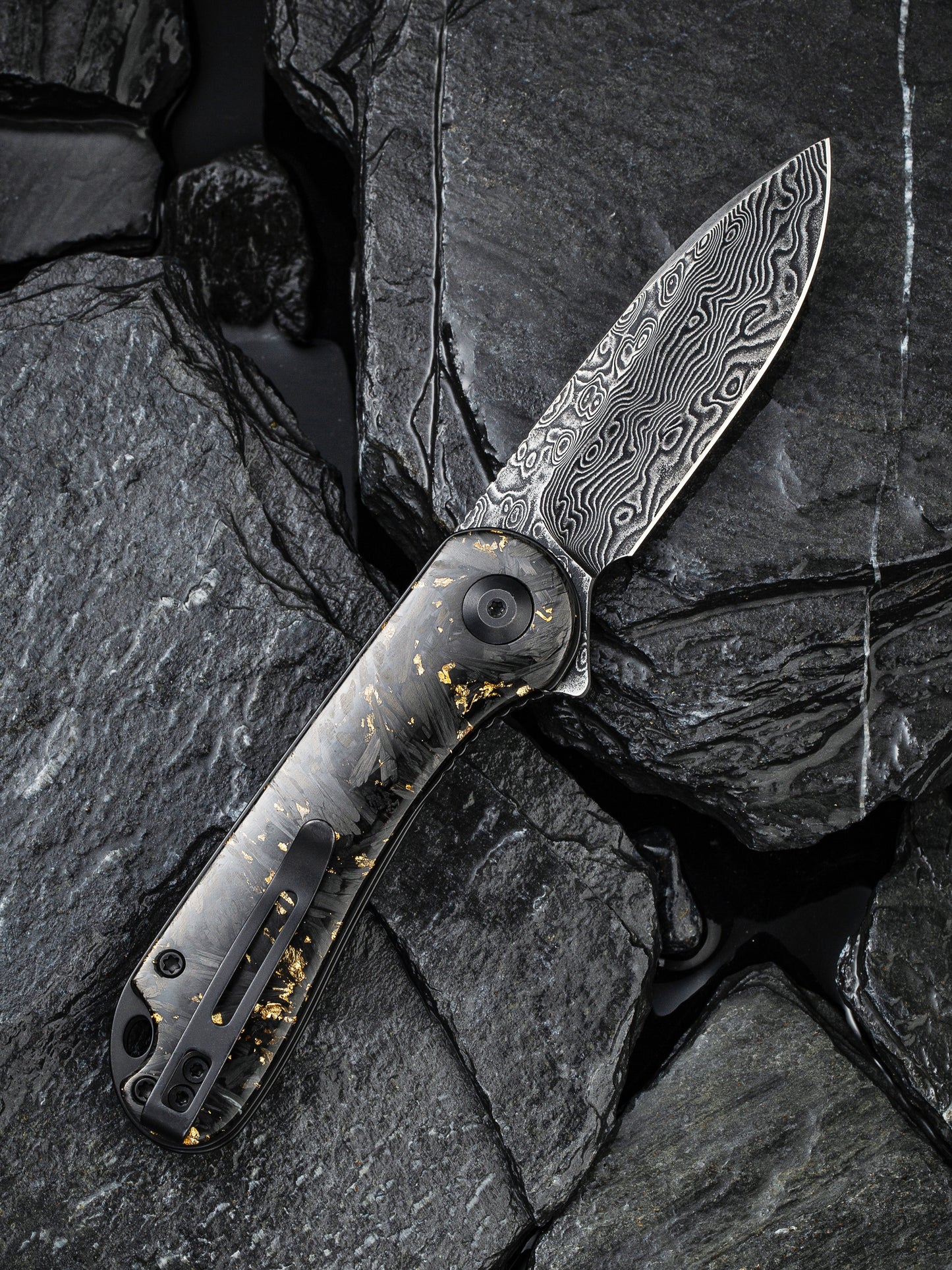 Civivi Elementum 2.96" Damascus Carbon Fiber Golden Shred Folding Knife C907C-DS1